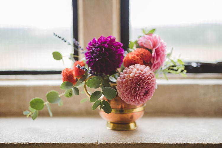 Flowers Dahlias Pink Orange Purple Eclectic Whimsical Village Hall Wedding http://www.nicolacasey.photography/