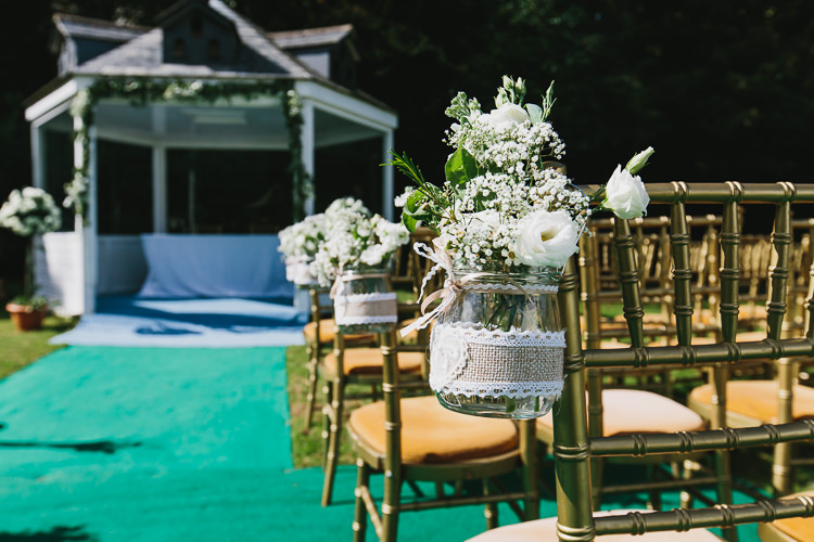 Jar Flowers Pew End Aisle Chair Hessian Lace Bohemian Outdoor Country Wedding https://www.alexapoppeweddingphotography.com/