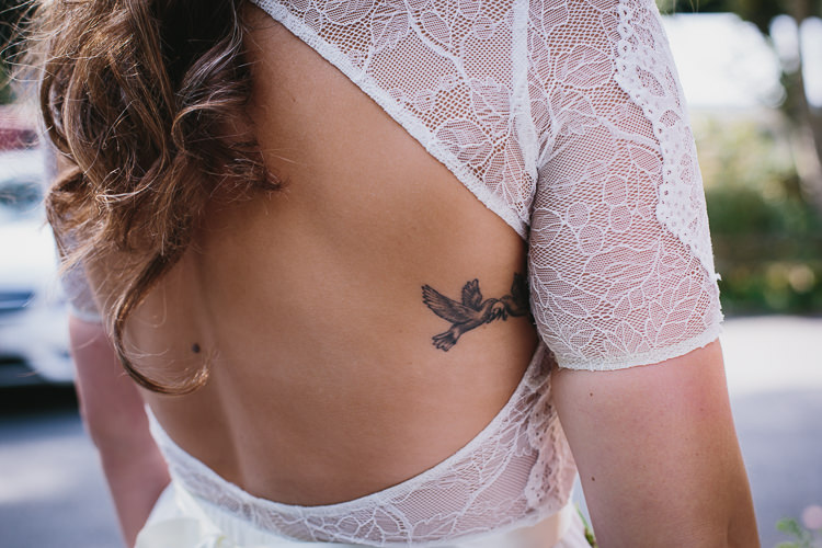 Open Back Dress Gown Bride Bridal Tattoo Grace Loves Lace Bohemian Outdoor Country Wedding https://www.alexapoppeweddingphotography.com/
