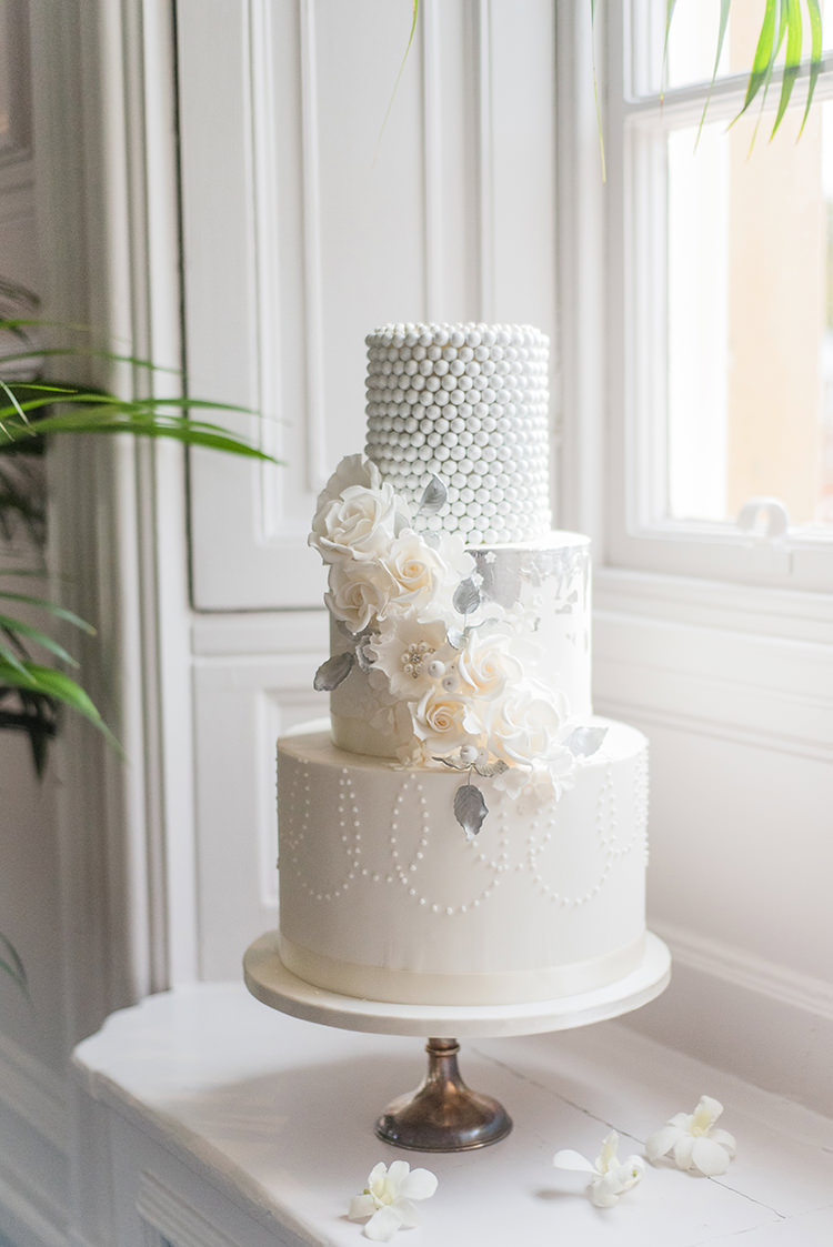 Silver Metallic Cake Flowers Greenery Fine Art Botanical Wedding Ideas http://georginaharrisonphotography.co.uk/