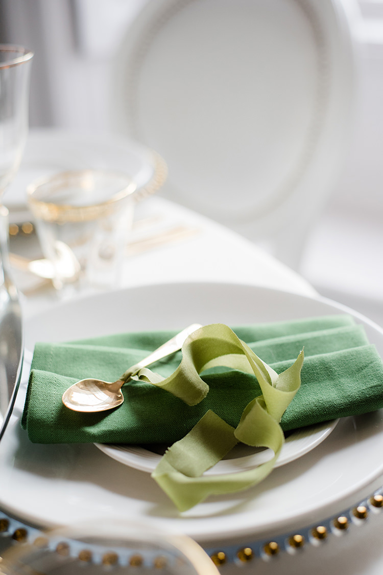 Place Setting Gold Green Ribbon Greenery Fine Art Botanical Wedding Ideas http://georginaharrisonphotography.co.uk/