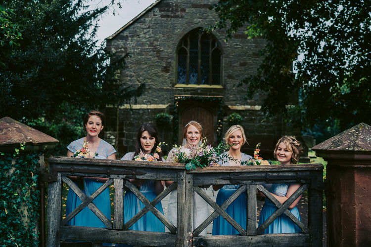 Bridesmaids Blue Dresses Fun Home Made Countryside Village Wedding http://willfullerphotography.com/