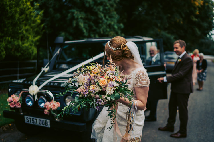 Bouquet Flowers Bride Bridal Blush Peach Rose Dahlia Ribbon Greenery Fun Home Made Countryside Village Wedding http://willfullerphotography.com/