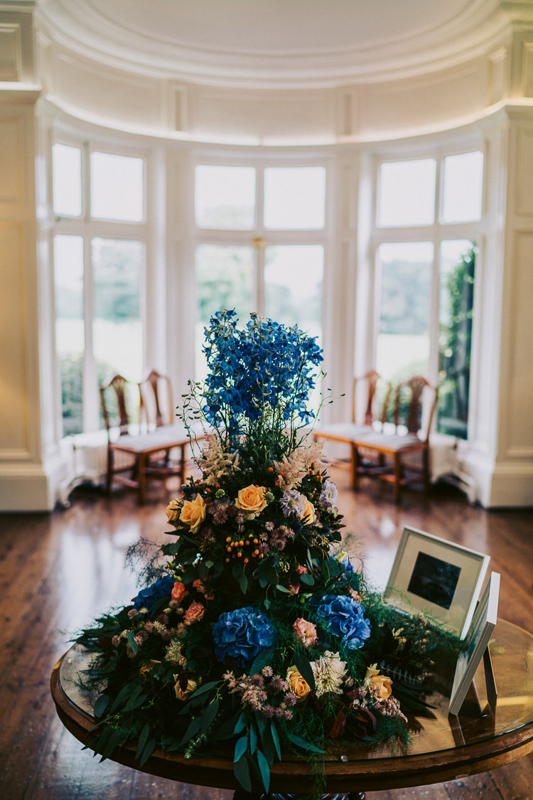 Tall Floral Flower Arrangement Blue Peach Fun Home Made Countryside Village Wedding http://willfullerphotography.com/