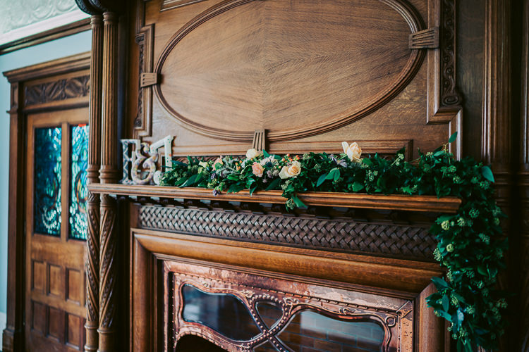 Mantle Piece Garland Swag Flowers Greenery Foliage Fireplace Fun Home Made Countryside Village Wedding http://willfullerphotography.com/
