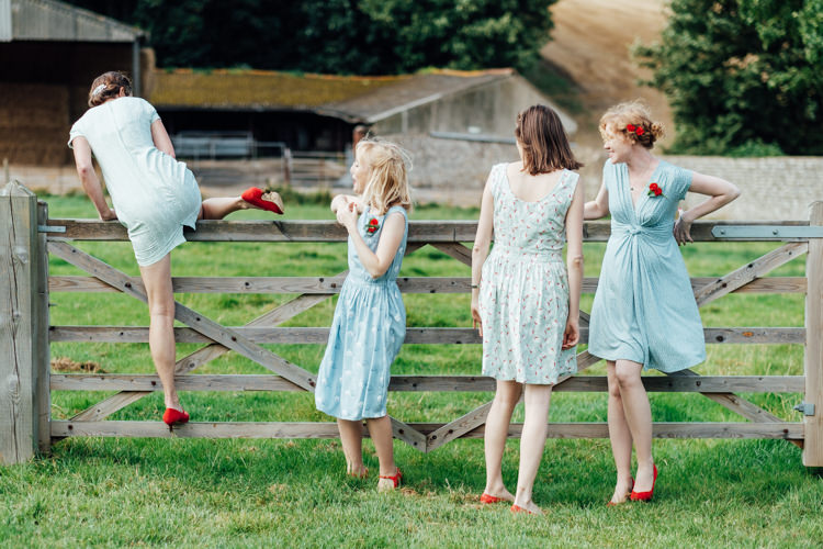Blue Mismatched Bridesmaid Dresses Rural Handfasting Village Hall Wedding http://www.annapumerphotography.com/