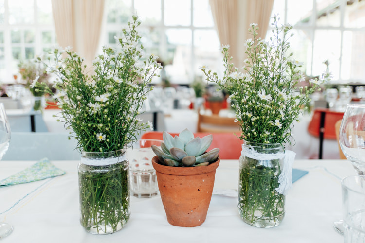 Jar Flowers Lace Daisy Succulents Pots Rural Handfasting Village Hall Wedding http://www.annapumerphotography.com/