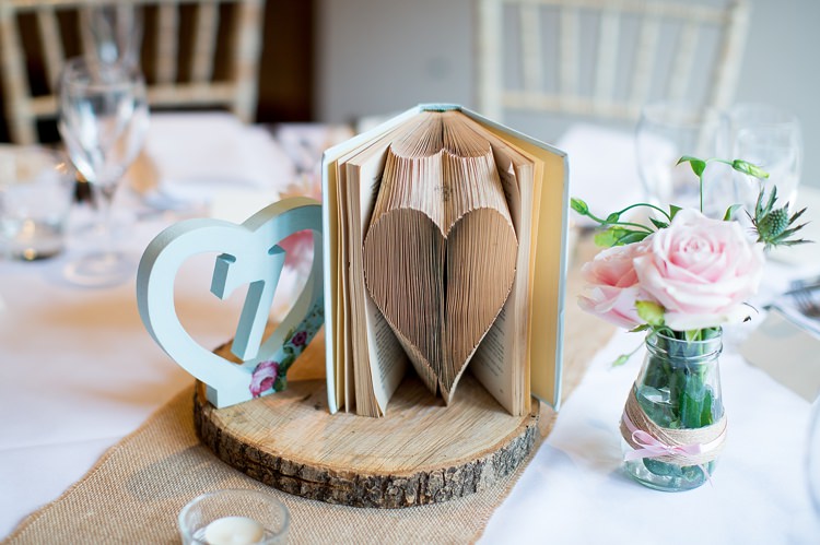 Book Fold Table Decor Centrepiece Log Romantic Summer Country Blush Wedding http://katherineashdown.co.uk/ 