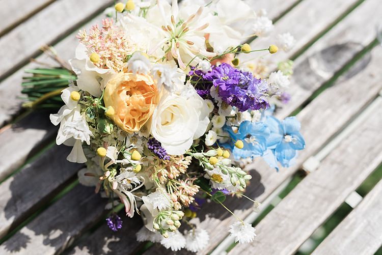 Bouquet Peach Blue Yellow Daisy Rose Bride Bridal Flowers Chic Natural Garden Wedding http://www.folegaphotography.co.uk/