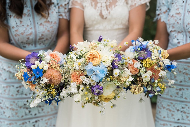 Bouquet Peach Blue Yellow Daisy Rose Bride Bridal Flowers Bridesmaids Chic Natural Garden Wedding http://www.folegaphotography.co.uk/