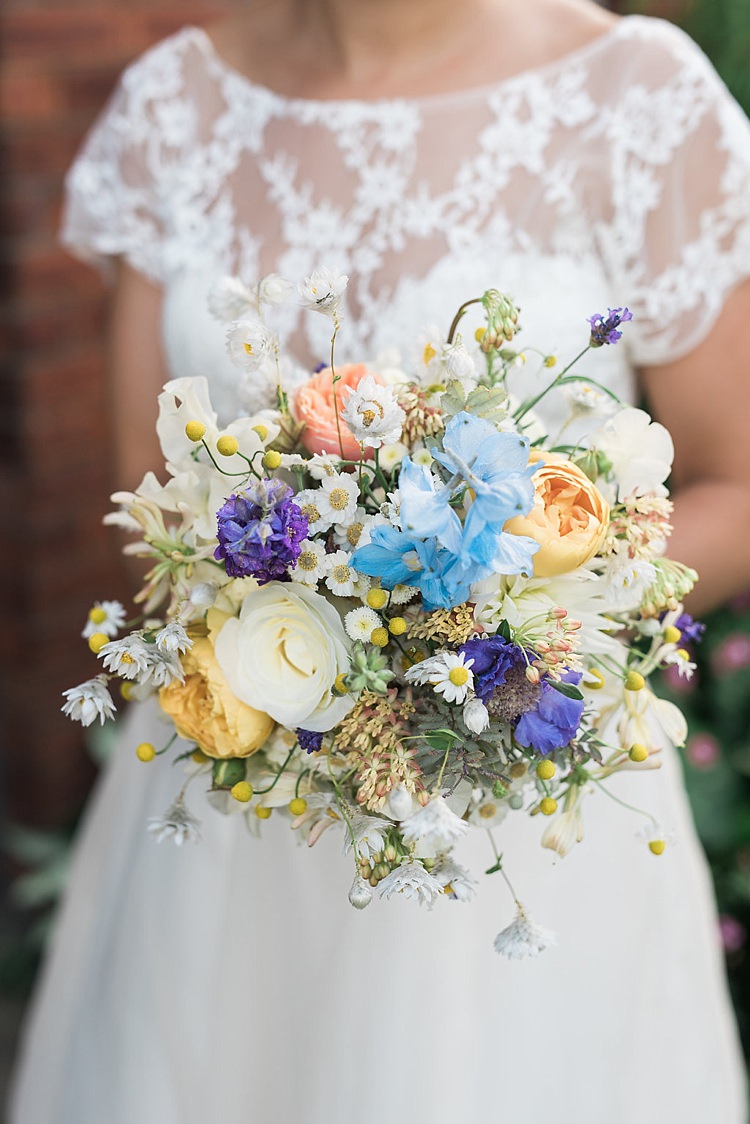 Bouquet Peach Blue Yellow Daisy Rose Bride Bridal Flowers Chic Natural Garden Wedding http://www.folegaphotography.co.uk/