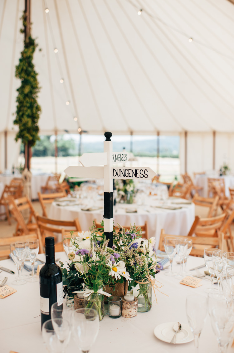 Decor Centrepiece Sign Post Travel Place Flowers Seaside Country Farm Pale Blue Marquee Wedding http://loveandadventures.co.uk/