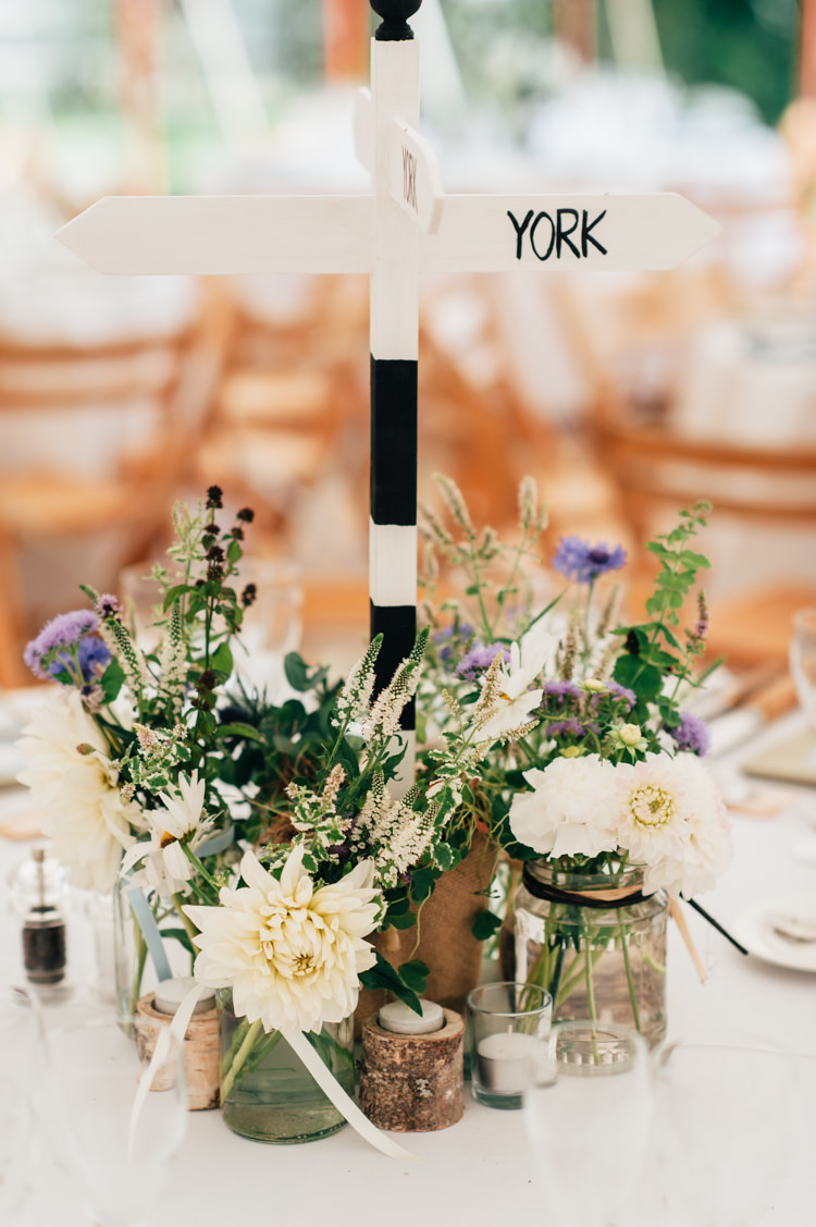 Centrepiece Decor Flowers Jars Candles Sign Post Table Seaside Country Farm Pale Blue Marquee Wedding http://loveandadventures.co.uk/