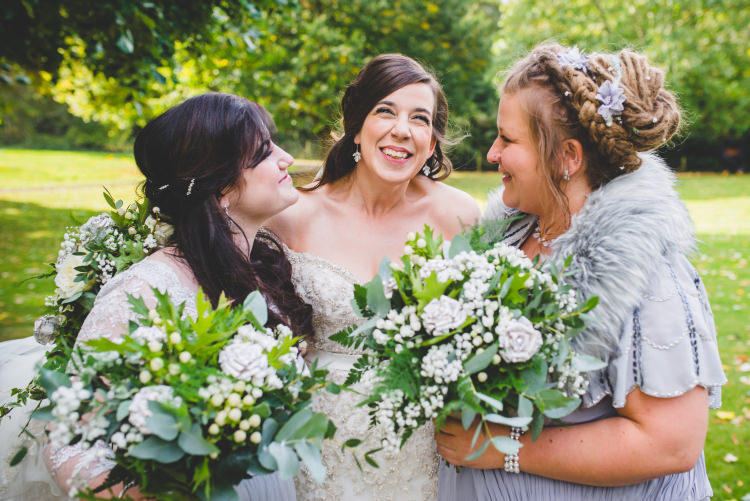 Grey Bridesmaid Dresses Foliage Greenery Bouquets Paper Autumn Garden Books Wedding http://www.emmahillierphotography.com/