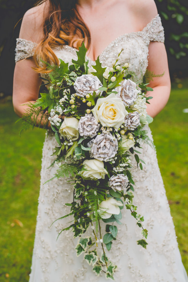 Large Cascading Bouquet Flowers Bride Bridal Paper Autumn Garden Books Wedding http://www.emmahillierphotography.com/
