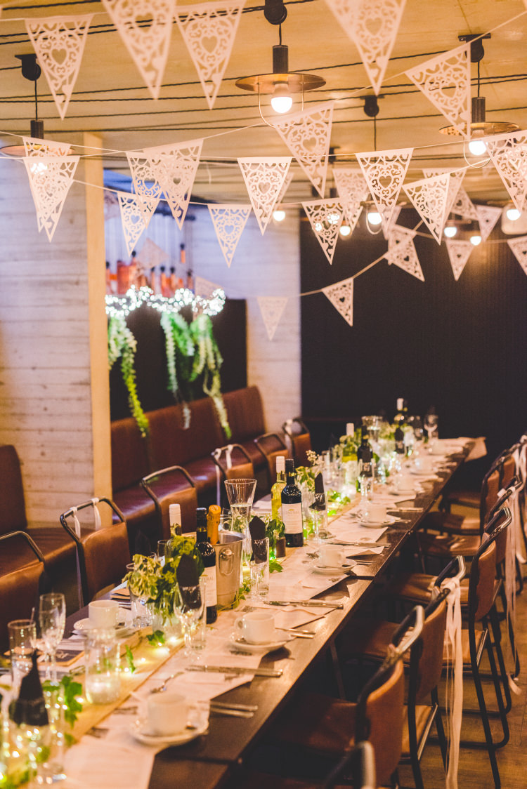 Bunting Long Tables Urban Industrial Autumn Garden Books Wedding http://www.emmahillierphotography.com/