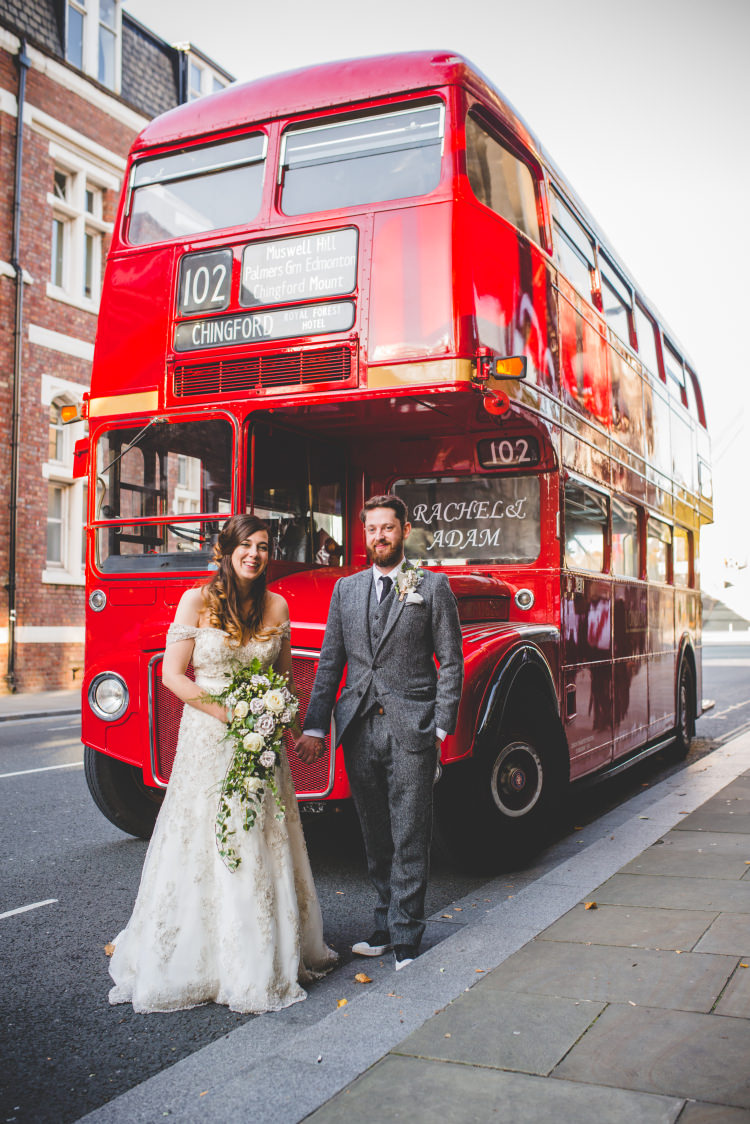 Red London Bus Transport Autumn Garden Books Wedding http://www.emmahillierphotography.com/