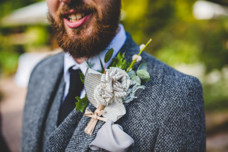 Paper Flower Buttonhole Groom Autumn Garden Books Wedding http://www.emmahillierphotography.com/
