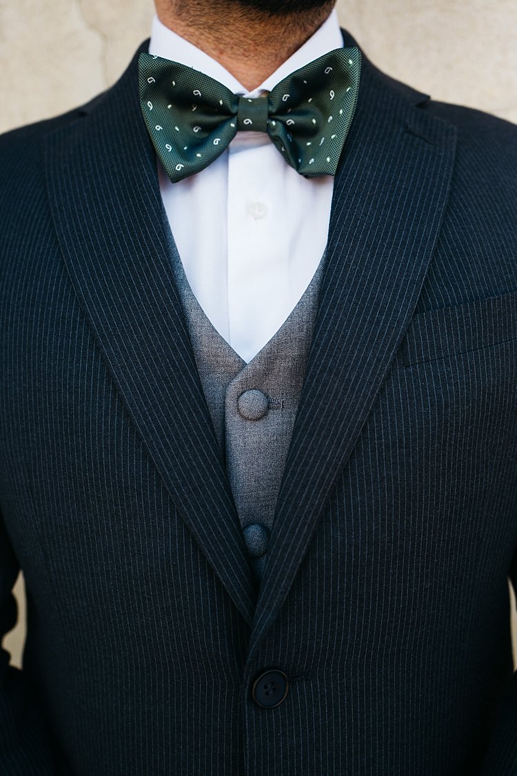 Groom Charcoal Pinstripe Suit Grey Vest Green Patterned Bowtie Rustic Chic Greenery Wedding Ideas in Tuscany http://www.tastino0.it/