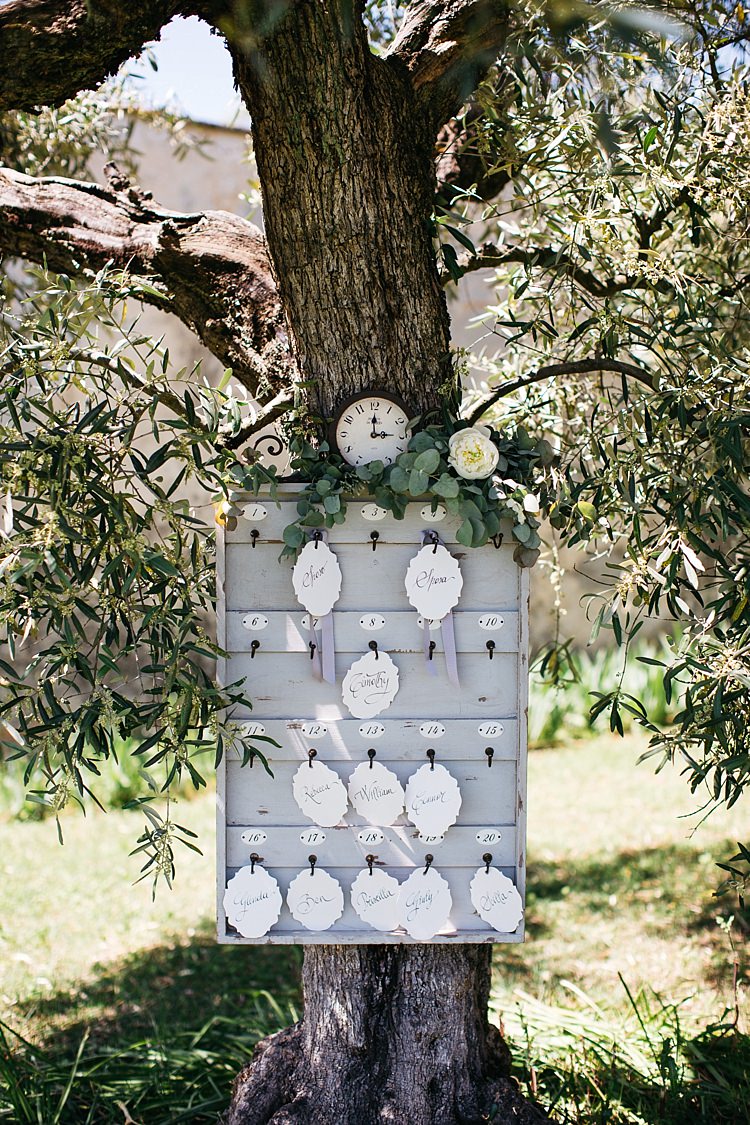 Table Seating Chart Vintage Wooden Box Key Hooks Calligraphy Tags Ribbons Clock White Rose Greenery Tree Rustic Chic Greenery Wedding Ideas in Tuscany http://www.tastino0.it/