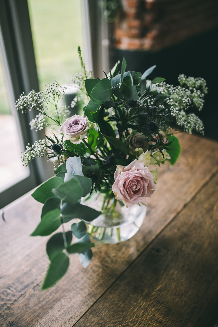 Vase Flowers Greenery Foliage Rose Pink Magical Bohemian Barn Wedding http://www.jamespowellphotography.co.uk/