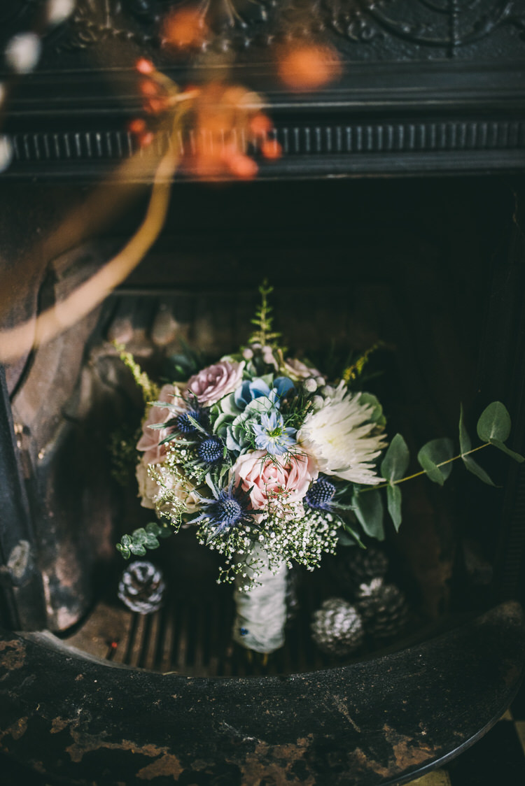 Blue Blush Bouquet Thistle Rose Flowers Bride Bridal Magical Bohemian Barn Wedding http://www.jamespowellphotography.co.uk/
