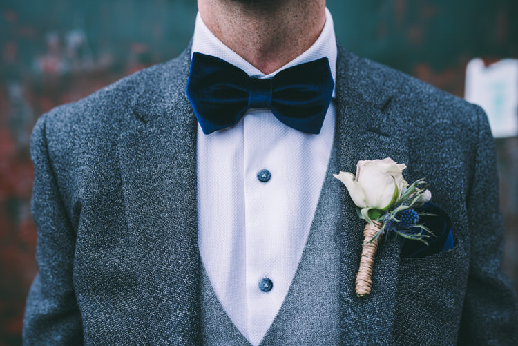 Velvet Bow Tie Groom Blue Rose Buttonhole Magical Bohemian Barn Wedding http://www.jamespowellphotography.co.uk/