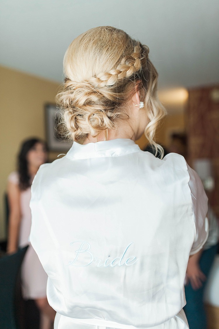 Bride Braid Low Bun Hairstyle White Satin Bride Robe Soft Blush Sage Green Wedding California http://julia-rosephotography.com/