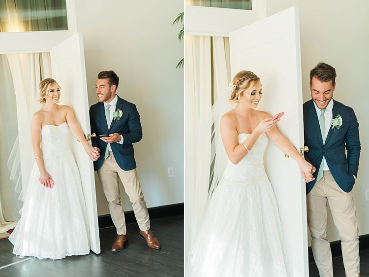 First Touch Bride Lace Sweetheart Stapless Bridal Gown Veil Groom Navy Jacket Beige Pants Light Green Tie Soft Blush Sage Green Wedding California http://julia-rosephotography.com/