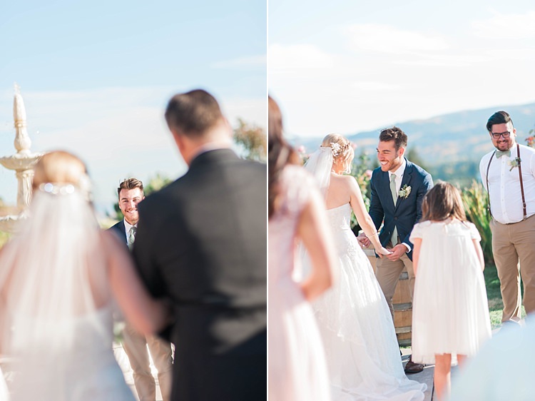 Outdoor Ceremony Bride Lace Sweetheart Strapless Bridal Gown Veil Father Groom Navy Jacket Beige Pants Light Green Tie Groomsmen Bridesmaids Soft Blush Sage Green Wedding California http://julia-rosephotography.com/