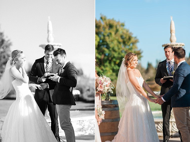 Outdoor Ceremony Bride Lace Sweetheart Strapless Bridal Gown Veil Groom Navy Jacket Beige Pants Light Green Tie Celebrant Water Fountain Soft Blush Sage Green Wedding California http://julia-rosephotography.com/
