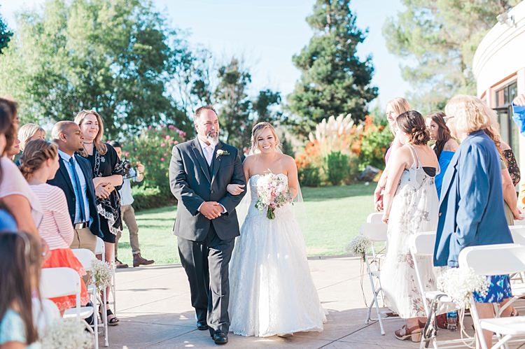 Outdoor Ceremony Bride Lace Sweetheart Strapless Bridal Gown Bouquet Father Entrance Guests Soft Blush Sage Green Wedding California http://julia-rosephotography.com/