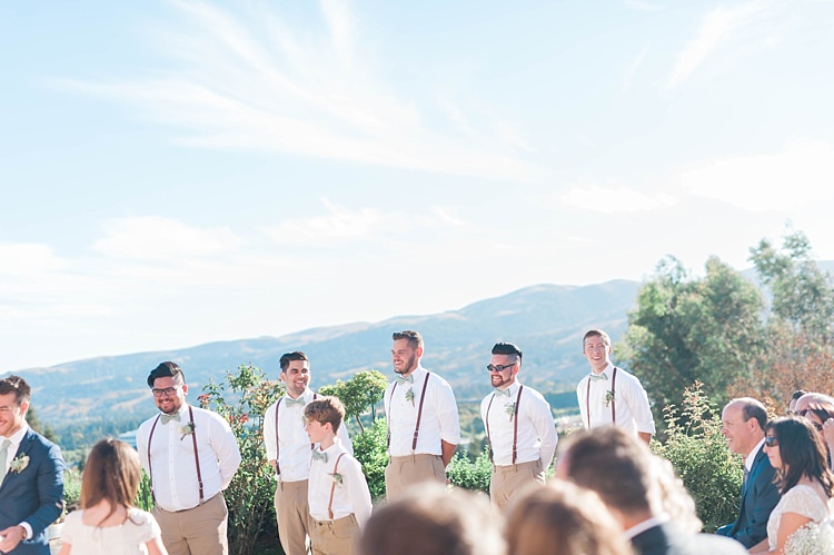 Outdoor Ceremony Groom Navy Jacket Light Green Tie Groomsmen Page Boy White Shirt Leather Suspenders Bowties Soft Blush Sage Green Wedding California http://julia-rosephotography.com/