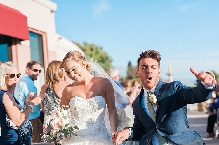 Outdoor Ceremony Just Married Bride Lace Sweetheart Strapless Bridal Gown Veil Bouquet Groom Navy Jacket Beige Pants Light Green Tie Dancing Guests Soft Blush Sage Green Wedding California http://julia-rosephotography.com/