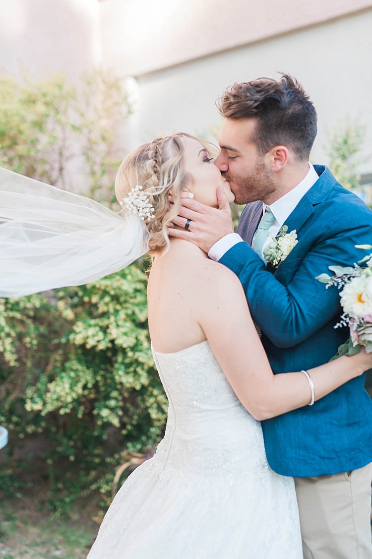 Just Married Bride Lace Sweetheart Strapless Bridal Gown Veil Gypsophila Groom Navy Jacket Beige Pants Light Green Tie Soft Blush Sage Green Wedding California http://julia-rosephotography.com/
