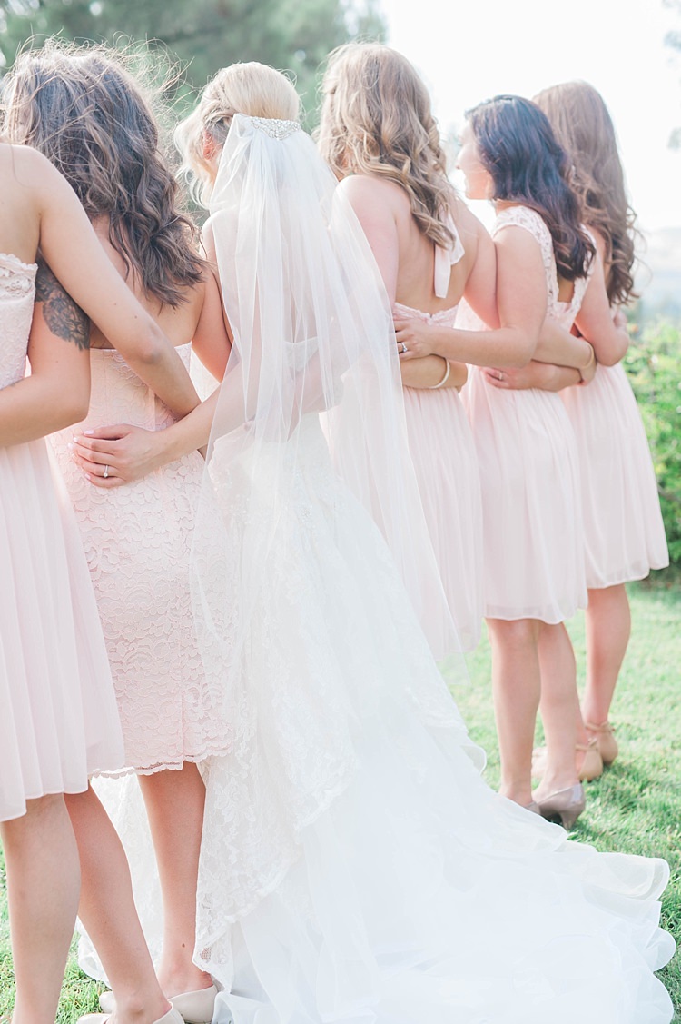 Bride Lace Sweetheart Strapless Bridal Gown Veil Crystal Hair Comb Bridesmaids Blush Dresses Different Styles Soft Blush Sage Green Wedding California http://julia-rosephotography.com/