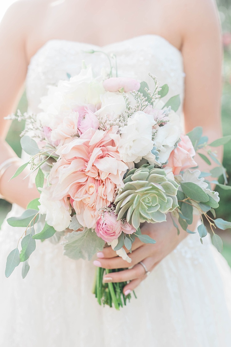 Bride Lace Sweetheart Strapless Bridal Gown Bouquet Pink Green White Dahlia Peony Succulent Florals Soft Blush Sage Green Wedding California http://julia-rosephotography.com/
