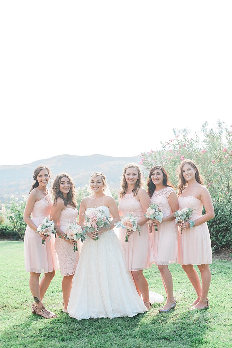 Bride Lace Sweetheart Strapless Bridal Gown Veil Bouquet White Pink Green Dahlia Peony Succulent Florals Bridesmaids Blush Multi Style Dresses Bouquets Soft Blush Sage Green Wedding California http://julia-rosephotography.com/