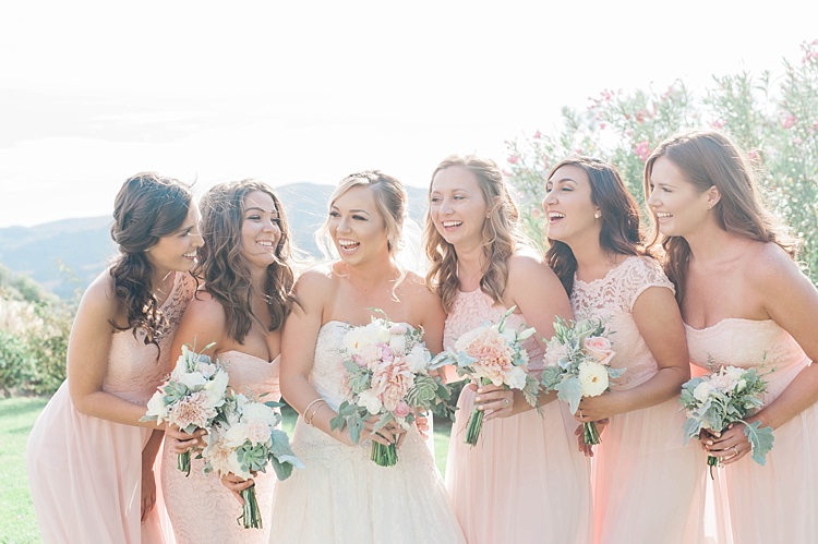 Bride Lace Sweetheart Strapless Bridal Gown Bridesmaids Blush Dresses Different Styles Bouquets White Pink Green Dahlia Peony Succulent Florals Soft Blush Sage Green Wedding California http://julia-rosephotography.com/