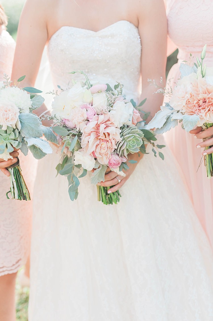 Bouquets White Pink Green Dahlia Peony Succulent Florals Bride Lace Sweetheart Strapless Bridal Gown Bridesmaids Blush Multi Style Dresses Soft Blush Sage Green Wedding California http://julia-rosephotography.com/