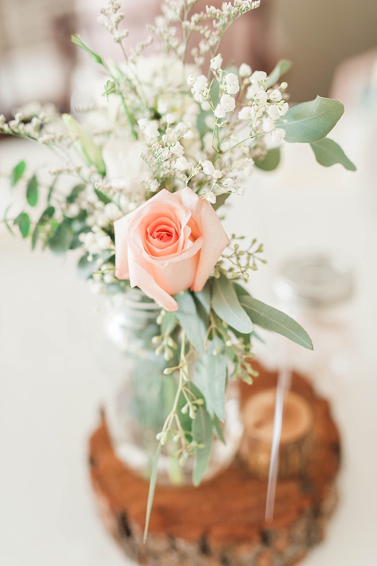 Reception Table Centrepiece Glass Vase Blush Rose Gypsophila Greenery Tree Slice Soft Blush Sage Green Wedding California http://julia-rosephotography.com/