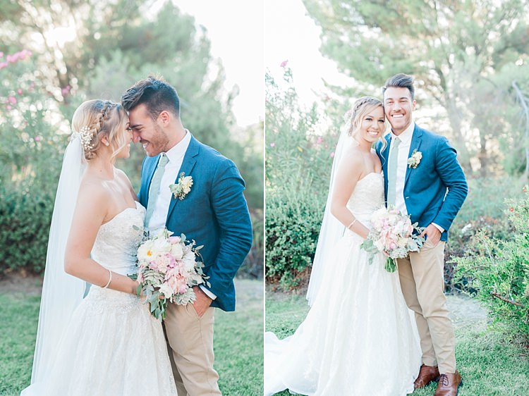 Bride Lace Sweetheart Strapless Bridal Gown Veil Gypsophila Bouquet White Pink Green Dahlia Peony Succulents Groom Navy Jacket Light Green Tie Beige Pants Brown Leather Shoes Soft Blush Sage Green Wedding California http://julia-rosephotography.com/
