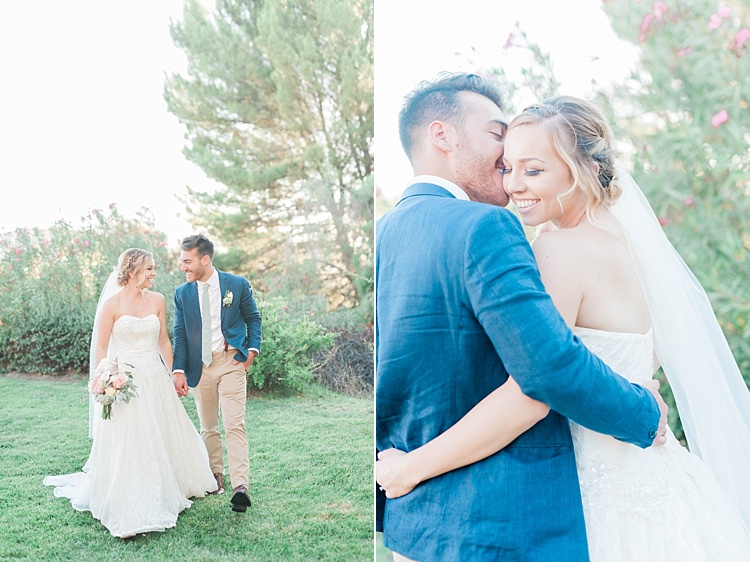 Bride Lace Sweetheart Strapless Bridal Gown Veil Gypsophila Bouquet White Pink Green Dahlia Peony Succulents Groom Navy Jacket Light Green Tie Beige Pants Brown Leather Shoes Soft Blush Sage Green Wedding California http://julia-rosephotography.com/