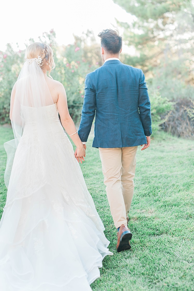 Bride Lace Sweetheart Strapless Bridal Gown Veil Gypsophila Groom Navy Jacket Beige Pants Brown Leather Shoes Soft Blush Sage Green Wedding California http://julia-rosephotography.com/