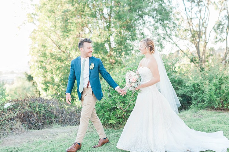 Bride Lace Sweetheart Strapless Bridal Gown Veil Gypsophila Bouquet White Pink Green Dahlia Peony Succulents Groom Navy Jacket Light Green Tie Beige Pants Brown Leather Shoes Soft Blush Sage Green Wedding California http://julia-rosephotography.com/
