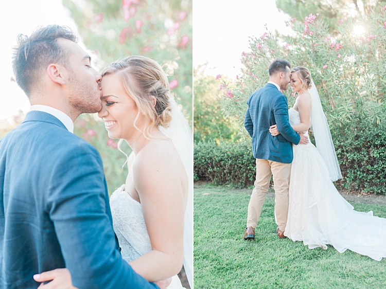 Bride Lace Sweetheart Strapless Bridal Gown Veil Gypsophila Groom Navy Jacket Beige Pants Brown Leather Shoes Soft Blush Sage Green Wedding California http://julia-rosephotography.com/