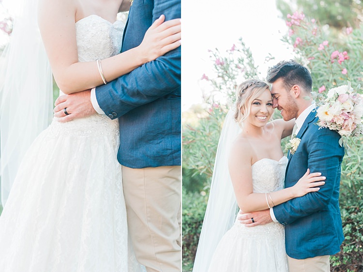 Bride Lace Sweetheart Strapless Bridal Gown Veil Gypsophila Bouquet White Pink Green Dahlia Peony Succulents Groom Navy Jacket Light Green Tie Beige Pants Soft Blush Sage Green Wedding California http://julia-rosephotography.com/