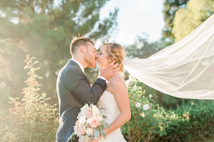 Bride Lace Sweetheart Strapless Bridal Gown Veil Gypsophila Bouquet White Pink Green Dahlia Peony Succulents Groom Navy Jacket Beige Pants Soft Blush Sage Green Wedding California http://julia-rosephotography.com/
