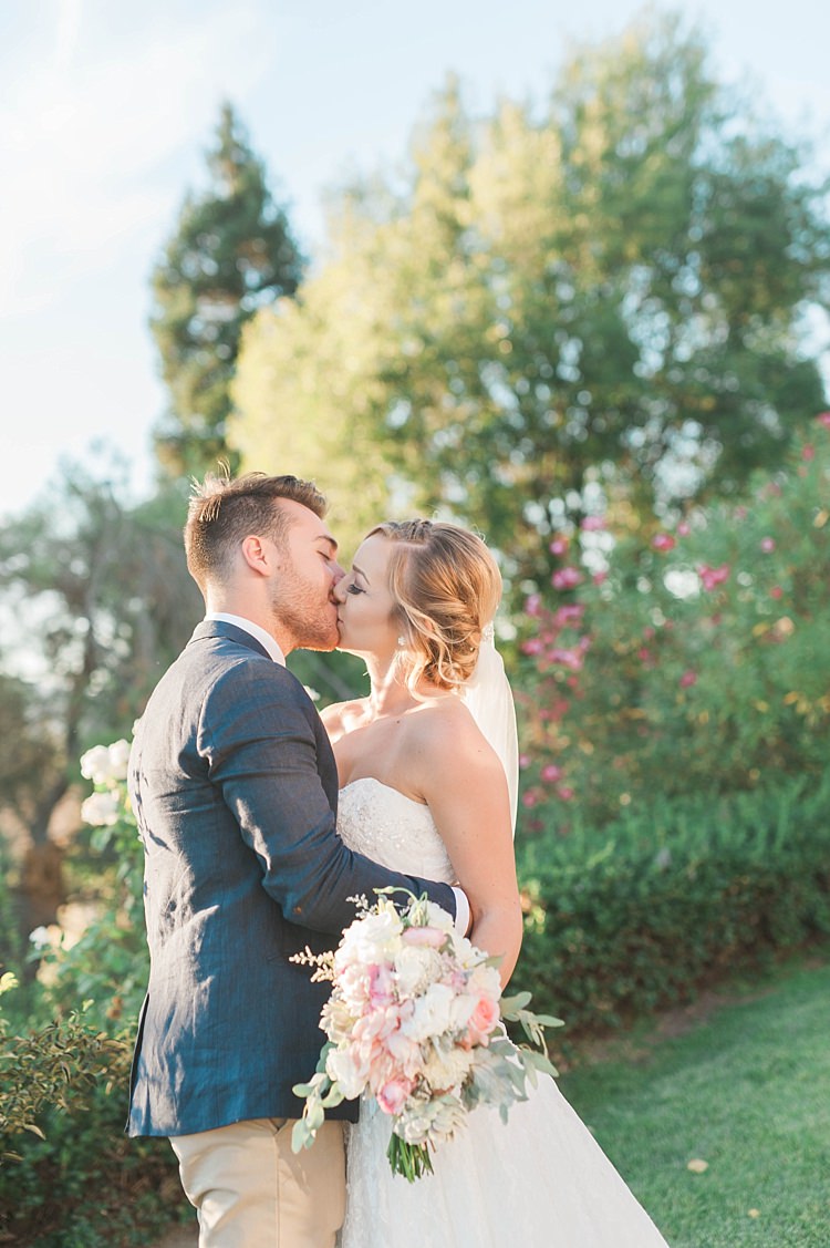 Bride Lace Sweetheart Strapless Bridal Gown Veil Gypsophila Bouquet White Pink Green Dahlia Peony Succulents Groom Navy Jacket Beige Pants Soft Blush Sage Green Wedding California http://julia-rosephotography.com/