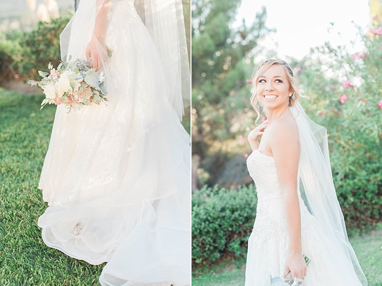 Bride Lace Sweetheart Strapless Bridal Gown Veil Bouquet White Pink Green Dahlia Peony Succulent Florals Soft Blush Sage Green Wedding California http://julia-rosephotography.com/